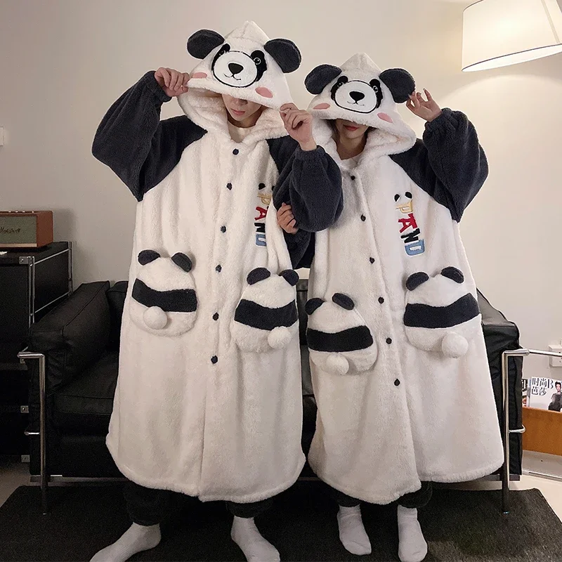 Kawaii Panda Winter Women Sleepwear Men Pajamas Robes Thicken Warm Plush Nightgown Fleece Loose Lovers  Hooded Soft Pijama