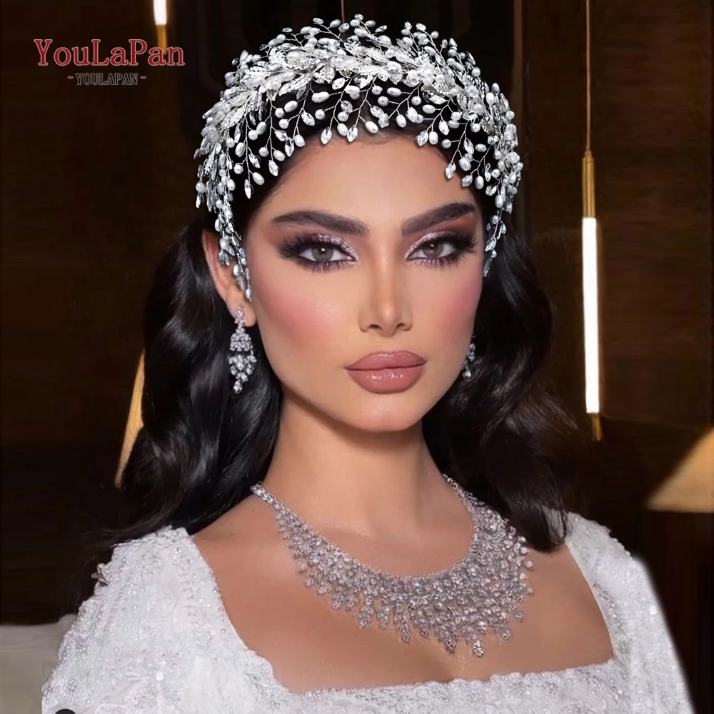 YouLaPan Handmade Rhinestone Pearl Hair Hoop Women Elegant Alloy Leaf Headpiece Bridal Hair Tiara Wedding Hair Accessories HP322