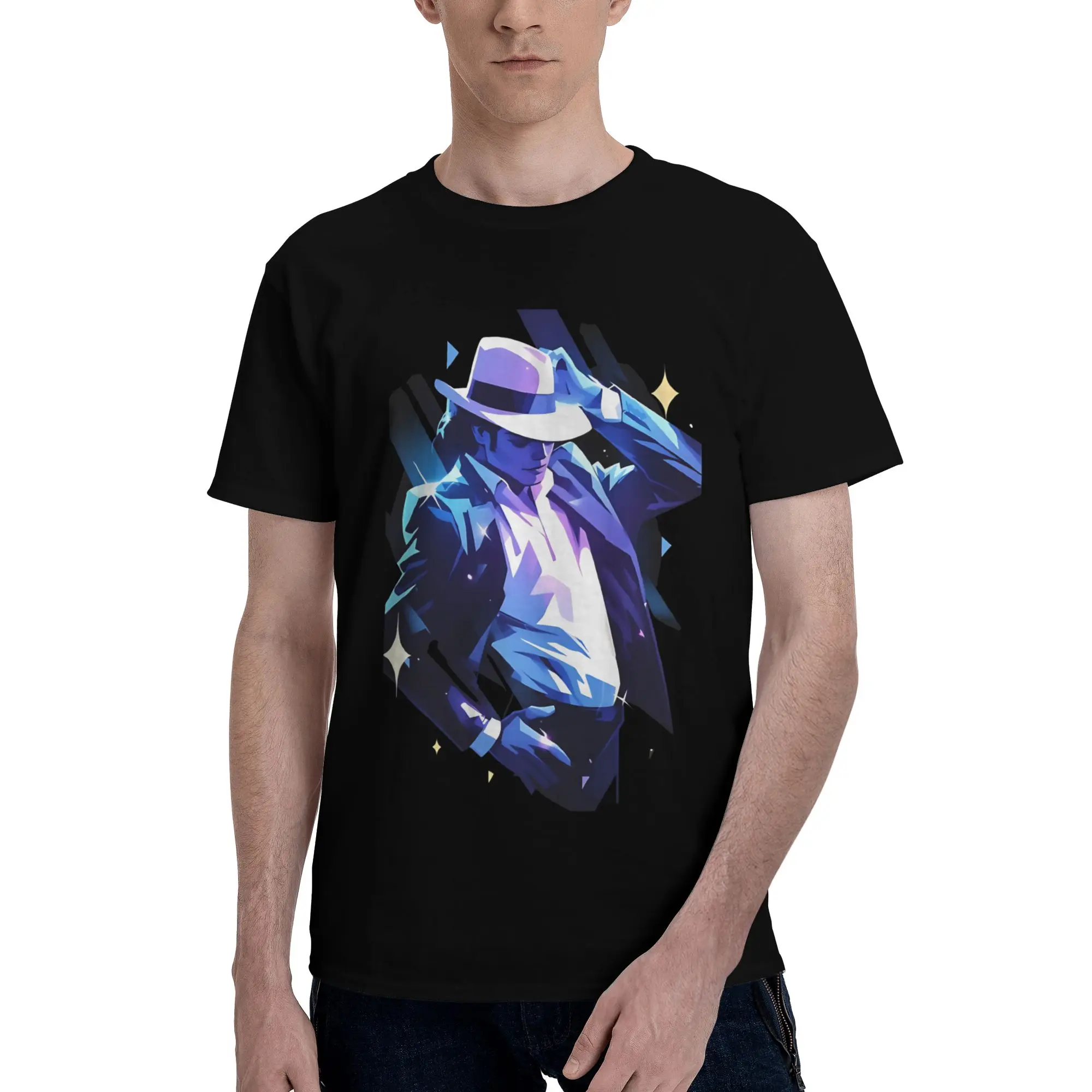 Popstar with White Fedora   Pop Music Graphic 100% Cotton T-Shirt MJ Tops Tees For Men