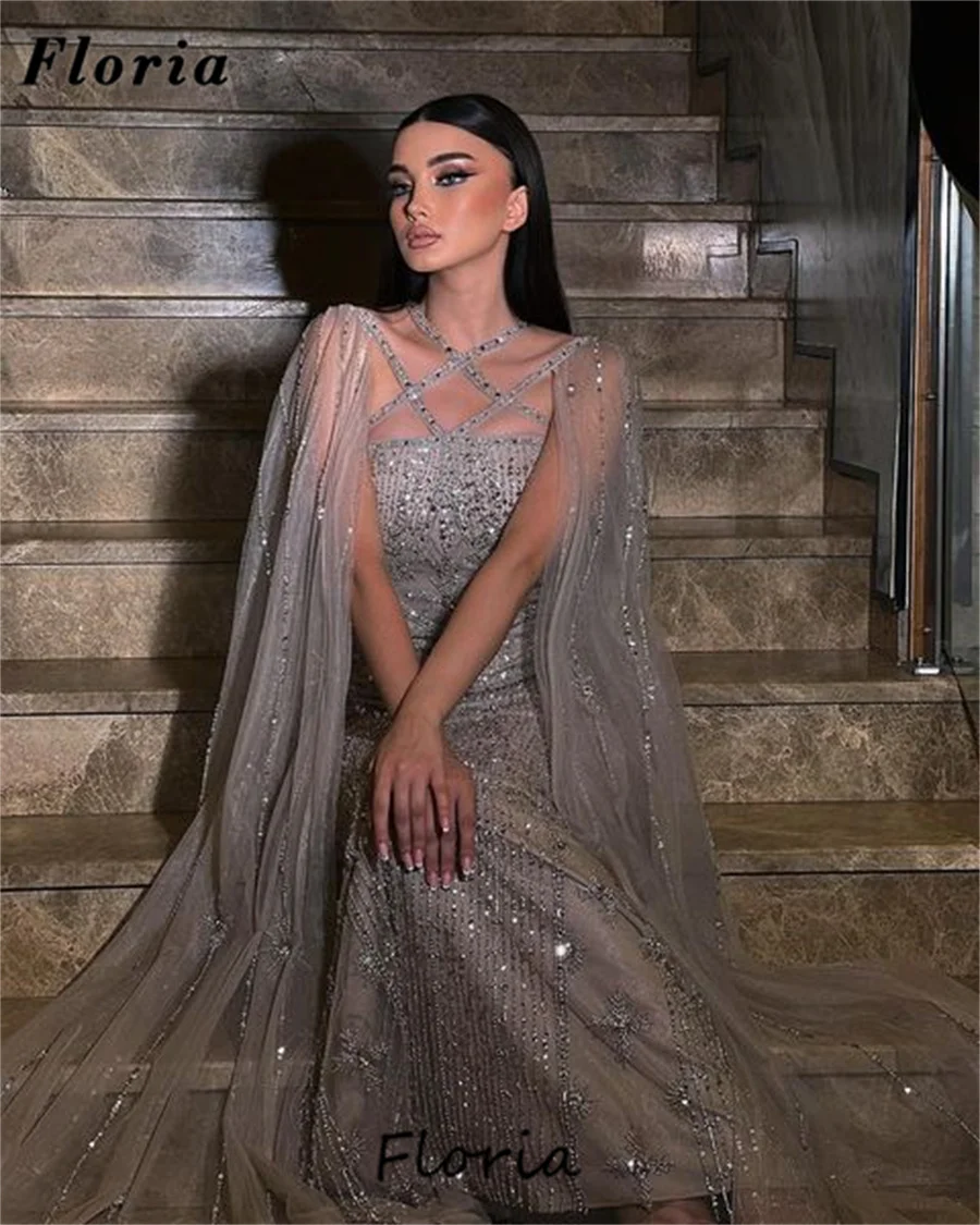 Newest Sliver Beaded Evening Dresses Customize Dubai Luxury Cape Long Sleeves Wedding Party Gowns 2025 Abiti Da Sera Prom Dress