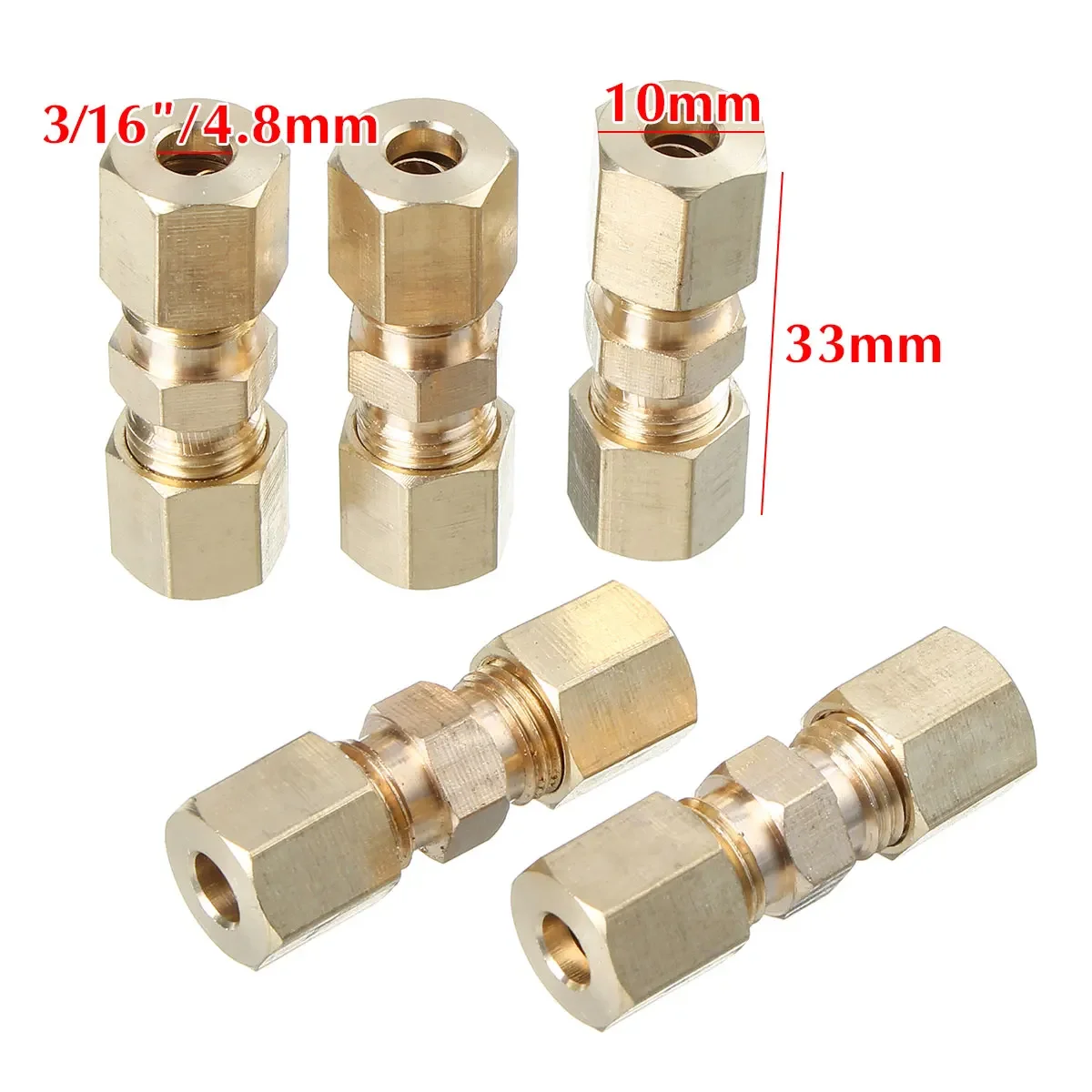 5pcs Brass Brake Line Union Fittings Straight Reducer Compression Connector 3/16