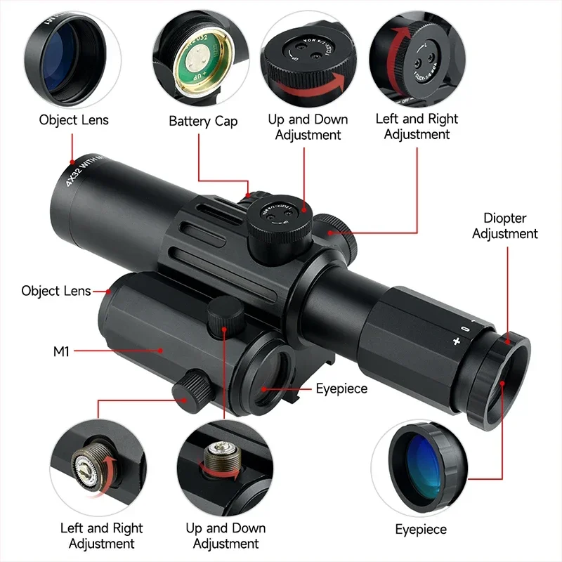 Imagem -02 - Caça Riflescope Escopo Tiro Precisão Vistas Ópticas Ponto Vermelho e Verde Combo Tático Estrutura Integrada 4x32 1x20