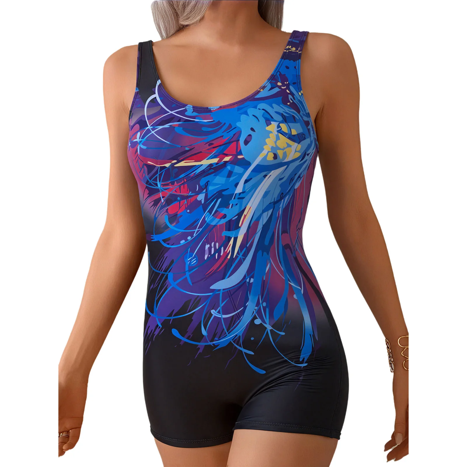 

Women One Piece Swimsuit Sleeveless Print Chest Pads Athletic Jumpsuit Bathing Suit Sporty Boyshorts Swimwear Surfing Beachwear
