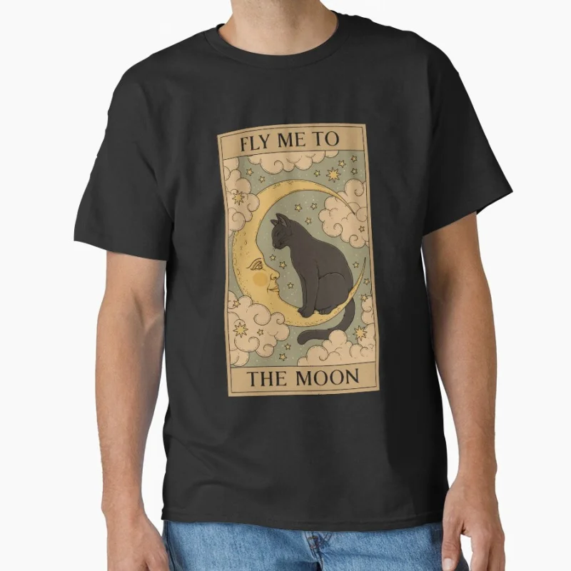 

Fly Me to the Moon Vinage Tarot Card Cat Funny magical black cats pet Gift T shirt for men large size Adult Tops S-6XL clothing