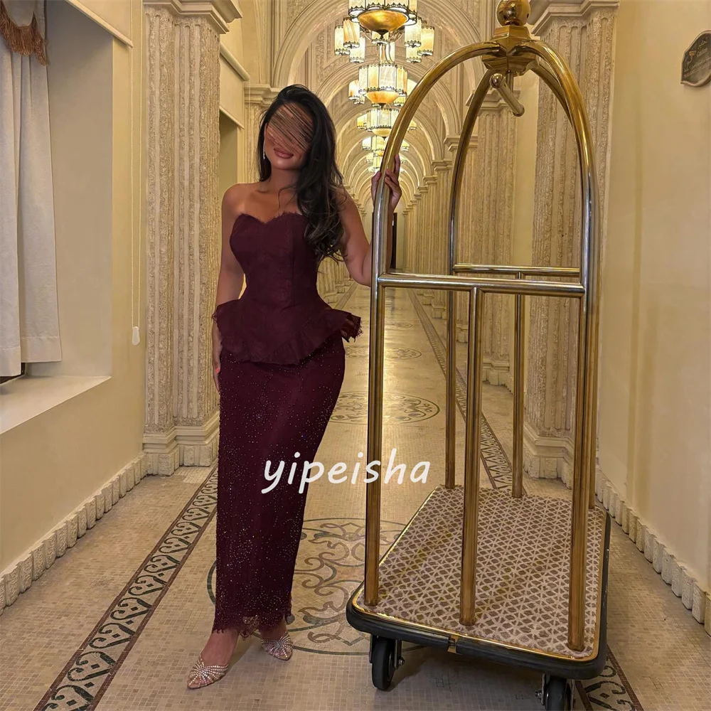 Maßgeschneiderte, hochwertige, passende, mit Perlen verzierte, trägerlose, knöchellange Kleider mit Spitze und Spitze, maßgeschneiderte Kleider für besondere Anlässe, Größen erhältlich