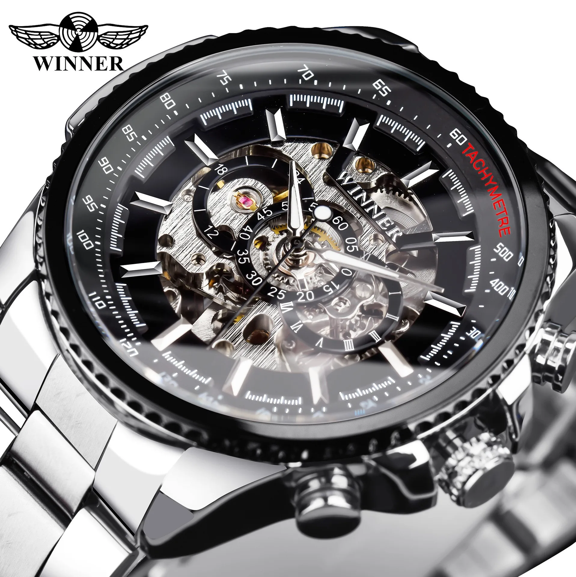 Fashion Winner Top Brand Automatic Mens Skeleton Automatic Mechanical Waterproof Full Stainless Steel Men\'s Business Watches