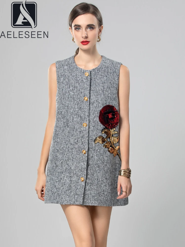 AELESEEN Designer Fashion Women Gray Vest Autumn Winter Sleeveless Luxury 3D Rose Flower Sequined Casual X-Long Top