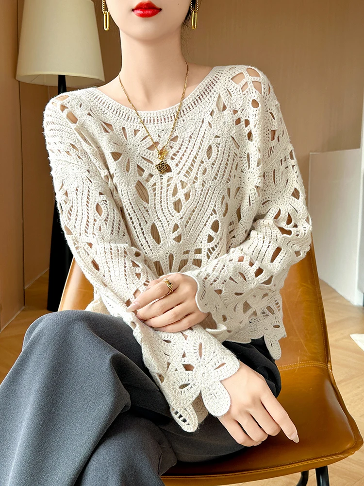 New Arrivals Women's Pullover Knitted Openwork Embroidery Crew Neck 100% Cashmere 2025 Loose Outerwear Layering