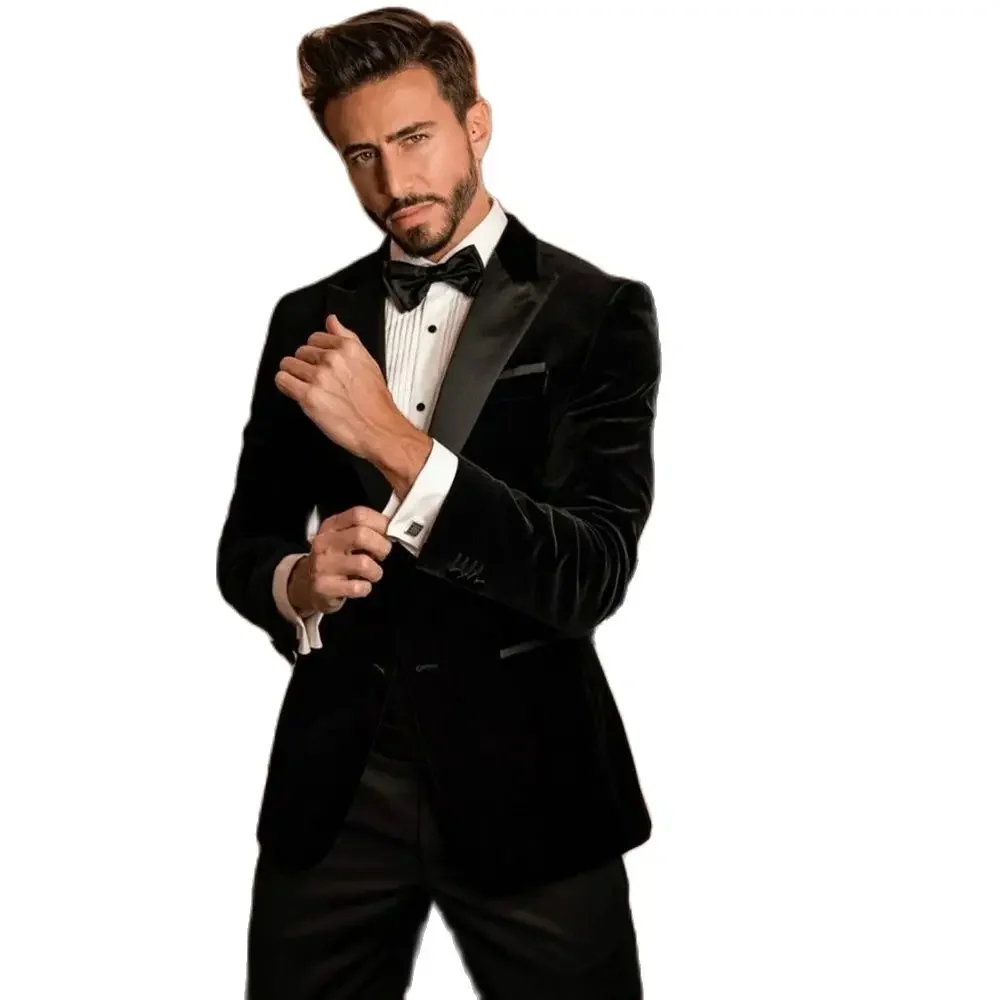 Classic Black Velvet Suits for Men Fashion Peak Lapel Single Breasted Male Suit Casual Office Business Wedding Tuxedo 2 Piece