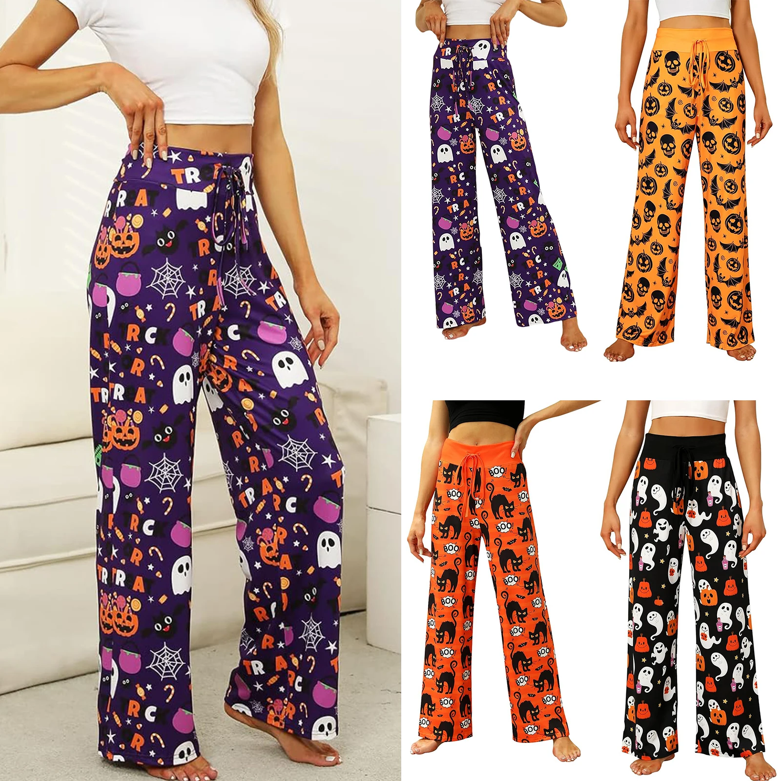 

HEZIOWYUN женские пижамы на Хэллоуин, длинные брюки, эластичная высокая талия, широкие брюки, палаццо, домашняя одежда для сна, брюки, брюки на шнурке