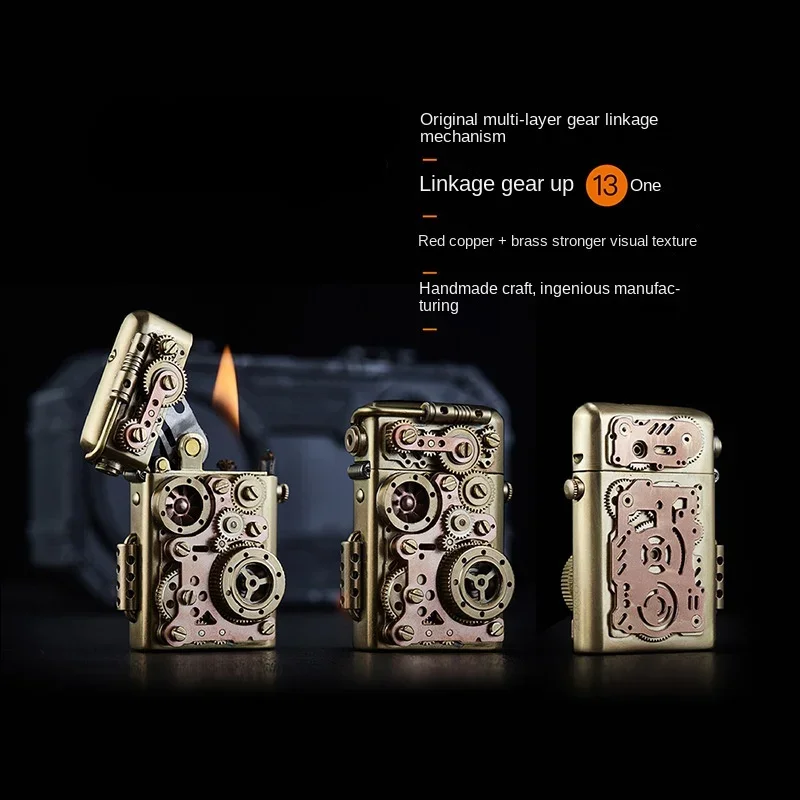 New high-end Design Steampunk Lighter Gear Linkage Mechanical Creative Pure Copper Kerosene Lighter Personality Men's Gift