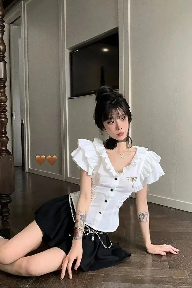 

French Sweet V Neck Ruffle Blouse 2024 Summer Women Slim Fit Flutter Sleeve Shirt Elegant Babydoll Top High Quality Fashion