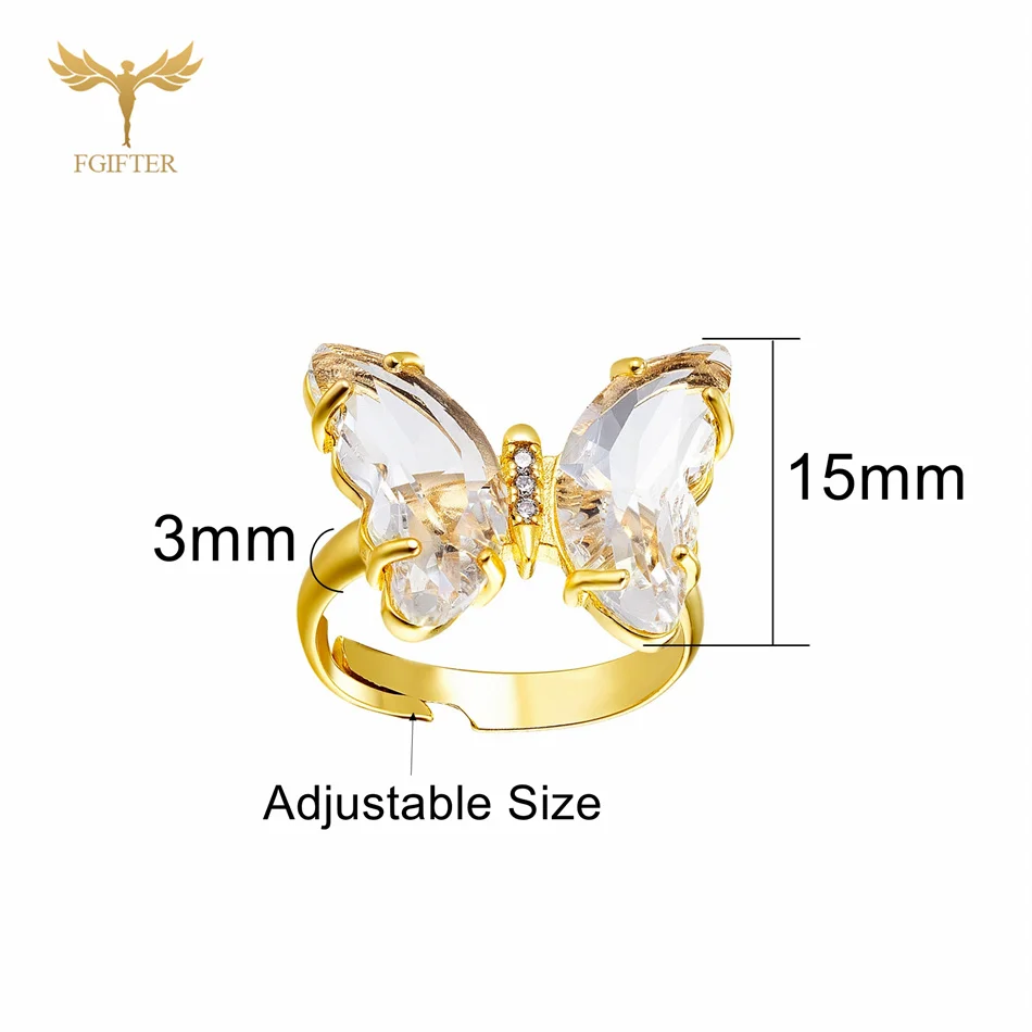 18 Colors Zircon Butterfly Rings For Women Girls Luxury Gold Color Copper Hand Finger Jewelry Accessories Adjustable Size Gifts