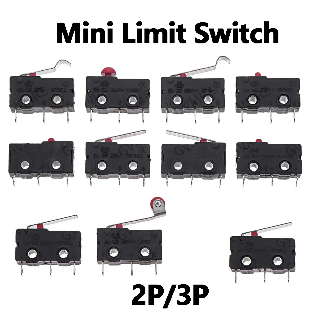 10PCS 5A 125/250V Mini Limit Switch 2P/3P No Nc 2/3Pin Roller Arc Rod Quick Button Switch Micro Switch Copper Contact 