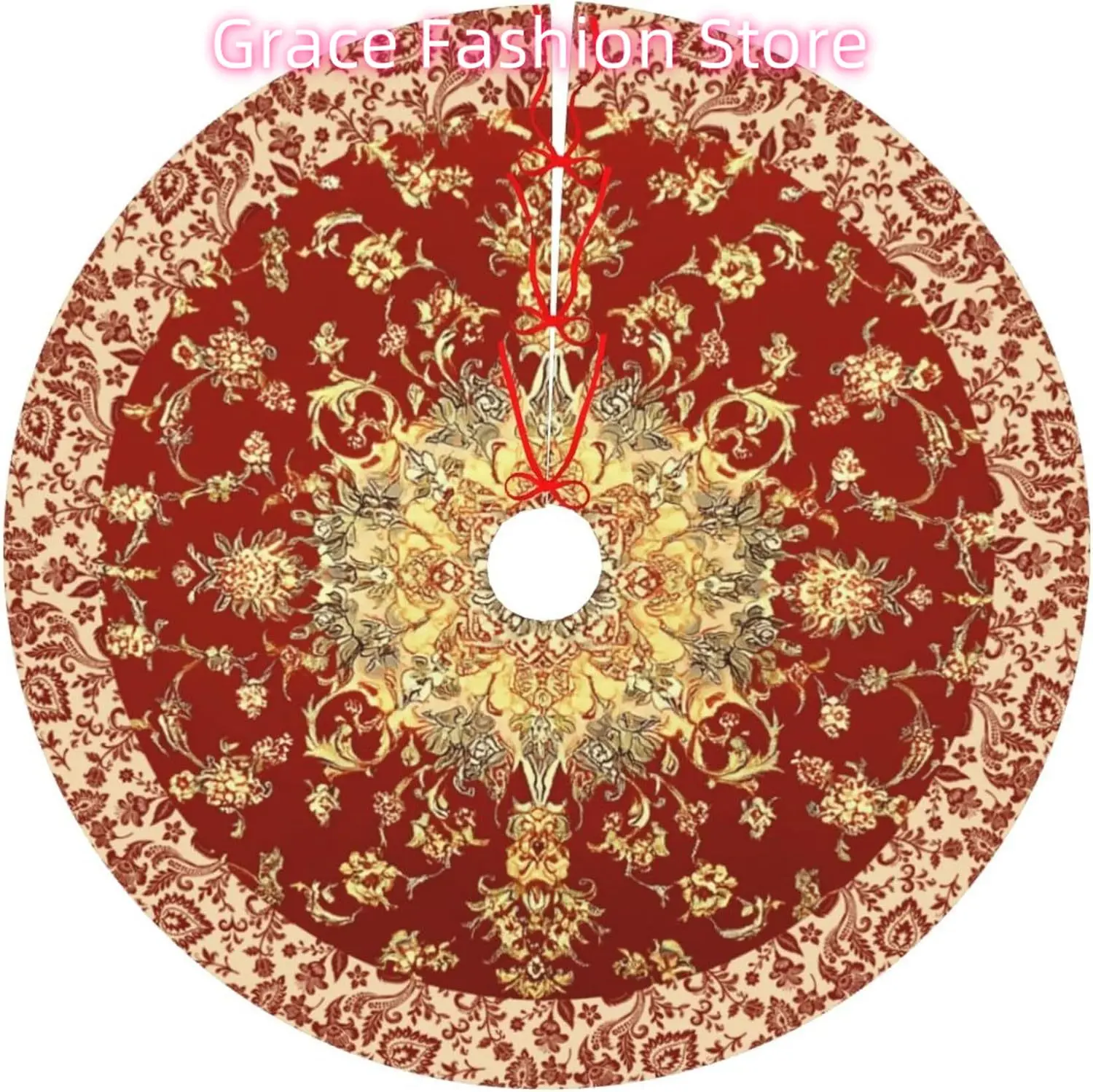 Falda de árbol de Navidad floral boho - Falda de árbol floral roja Alfombra de árbol de 30 pulgadas para fiesta navideña en el hogar en interiores