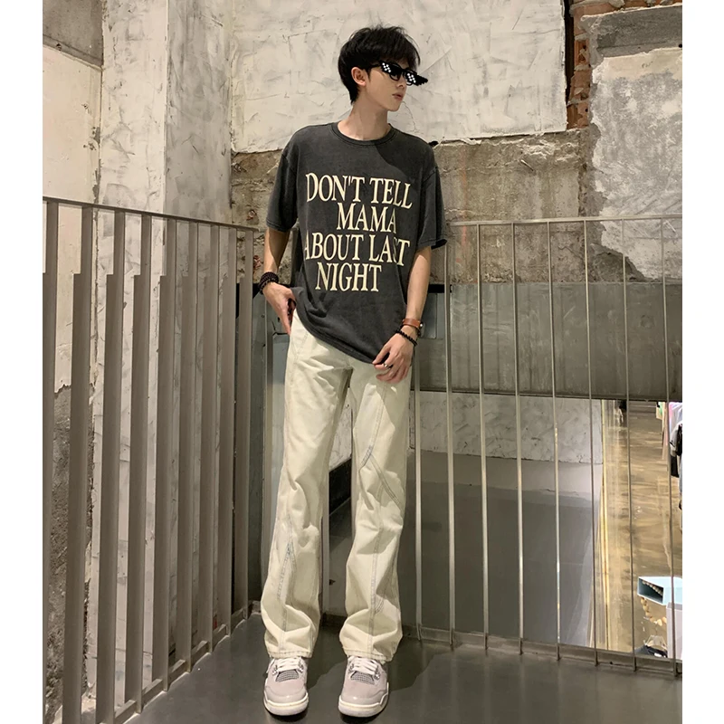 

Yellow Mud Color Men's Jeans Design Sense Splicing Slimming Pants American Vibe Slim Elastic Micro Flared Straight Leg Pants