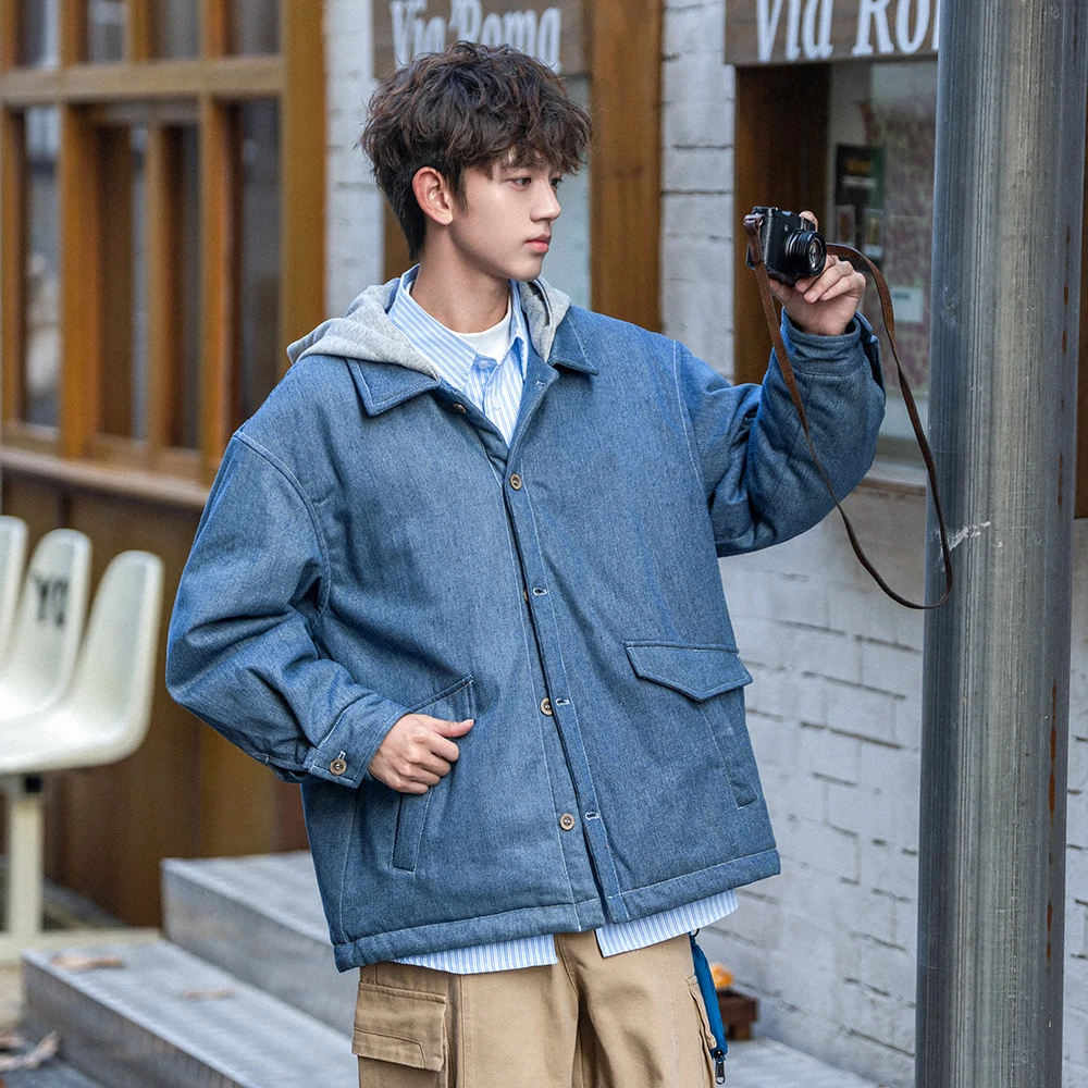 

Winter Thicken Cotton-padded Denim Hooded Coat Men Japanese Streetwear Vintage Loose Casual Cargo Jacket Parkas Coat Outerwear