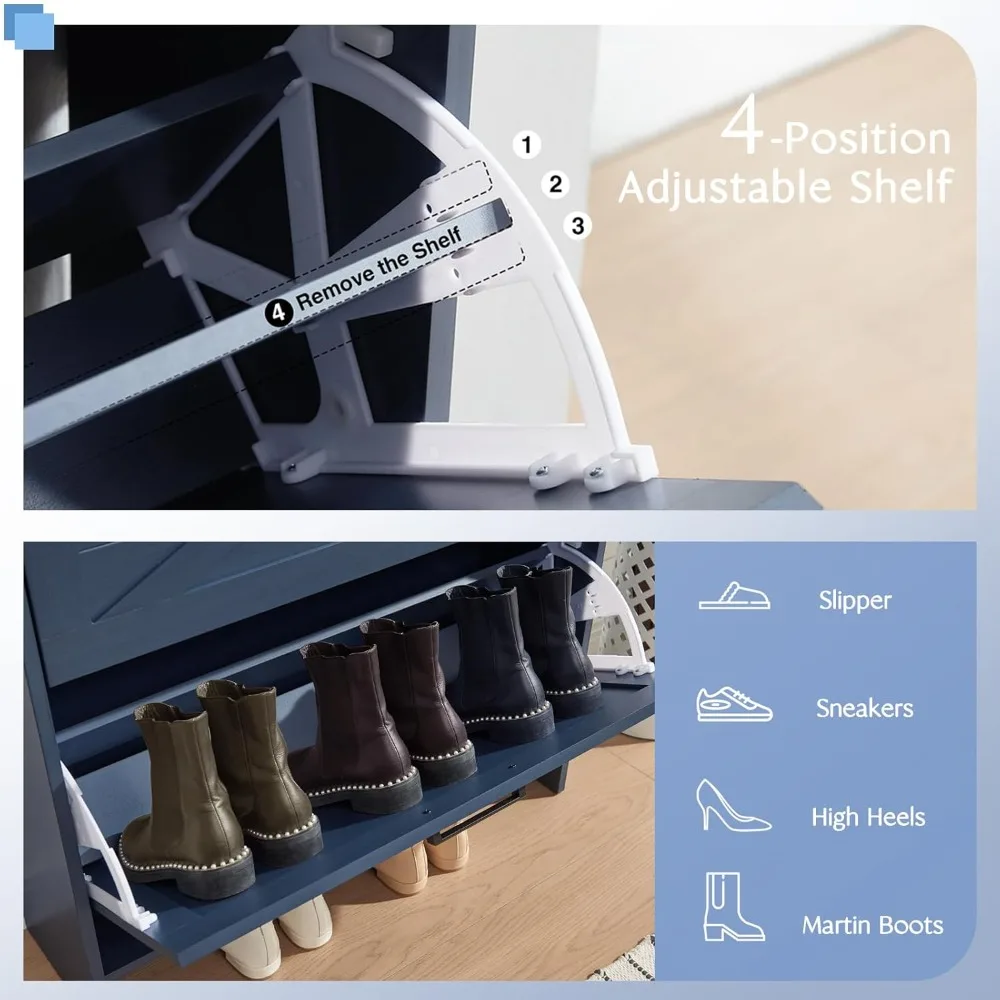 Shoe Storage Cabinet, Farmhouse Shoe Organizer with 2 Hidden Flip Drawers & 2 Drawers, Narrow Freestanding Shoe Rack Cabinet