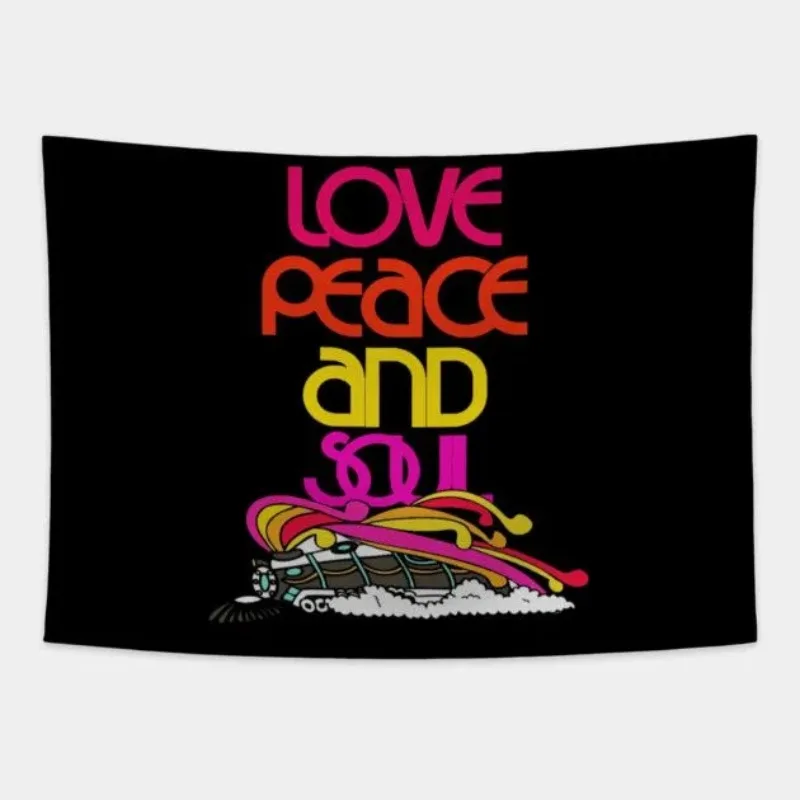 Retro Love Peace and Soul Tapestry, Colorful Vintage Typography Wall Hanging for Dorm Room Decor, Groovy Music Art Gift