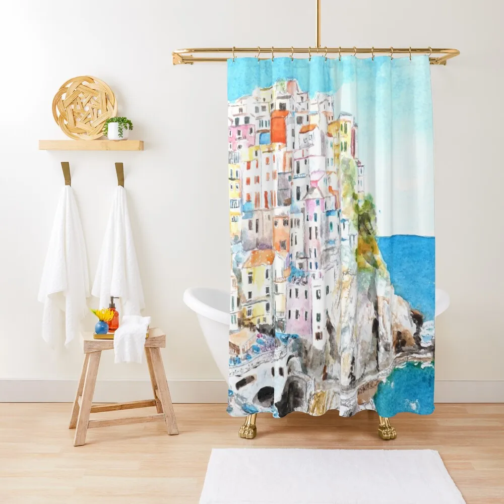 

Italy Cinque Terre watercolor painting Shower Curtain Bathroom For Shower Bathroom And Shower Products Bath Curtain
