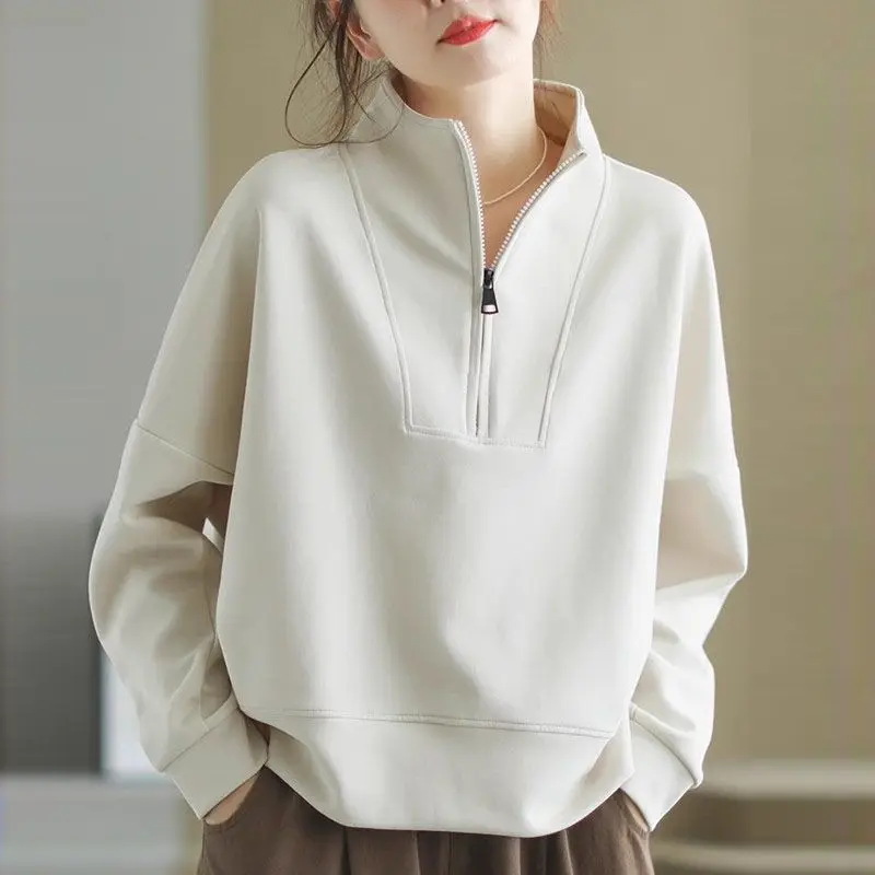 ผู้หญิงสีทึบคอปกครึ่งซิปเสื้อกันหนาวฤดูใบไม้ร่วงฤดูหนาวเสื้อโอเวอร์ไซส์แขนยาวเสื้อลำลองเสื้อผ้าผู้หญิง
