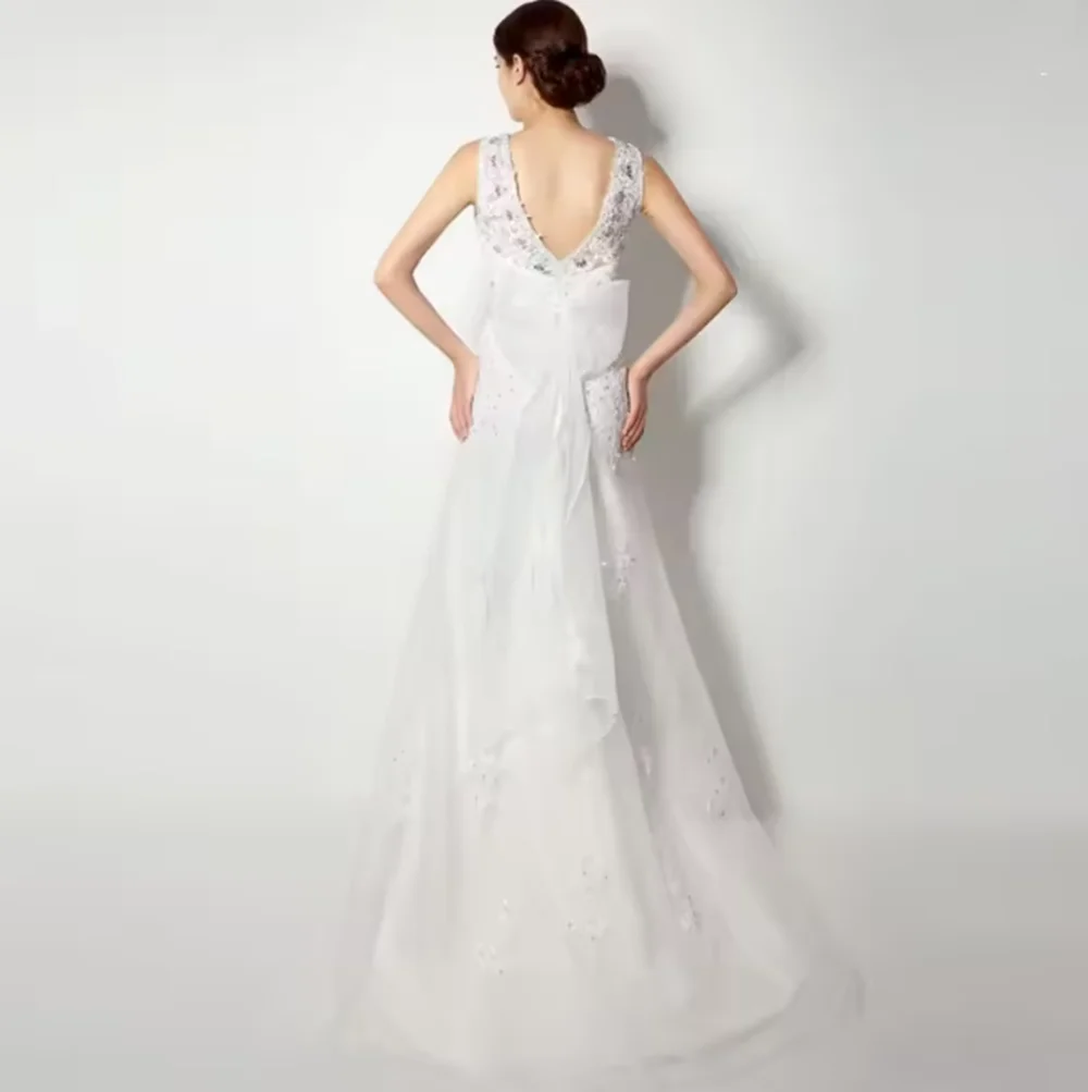 Vestido de novia blanco personalizado, tul, lentejuelas, apliques florales, lazo sin mangas para boda, fiesta de cumpleaños, banquete, vestido de fiesta de noche