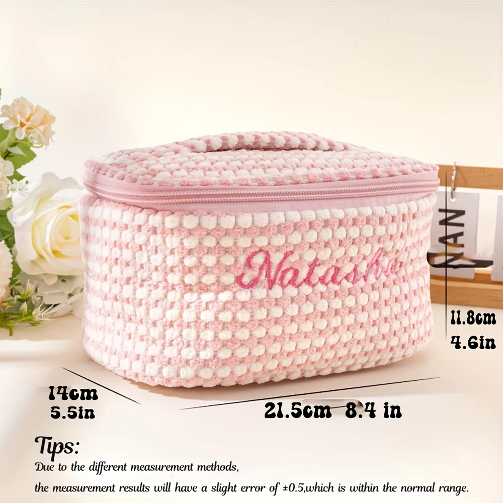 Custom Name Embroidery Soft Fabric Makeup Bag Personalized Travel Cosmetic Toiletry Organizer with Mesh Pocket for Makeup Brushe