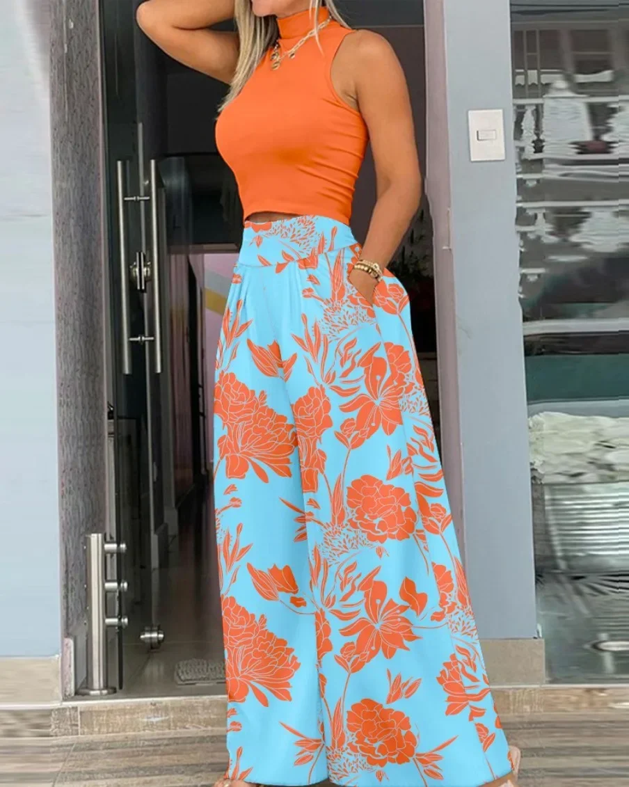 2023 Spring Autumn African Women Sleeveless O-neck Polyester Printing 2 Piece Top Long Pant Matching Sets African Clothes Women