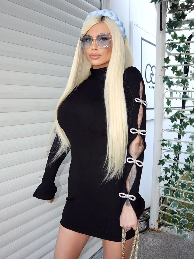 فستان نسائي مثير موضة الجوف خارج القوس كريستال كم طويل تمتد Bodycon ضمادة فستان أسود قصير صيف 2023 جديد #3