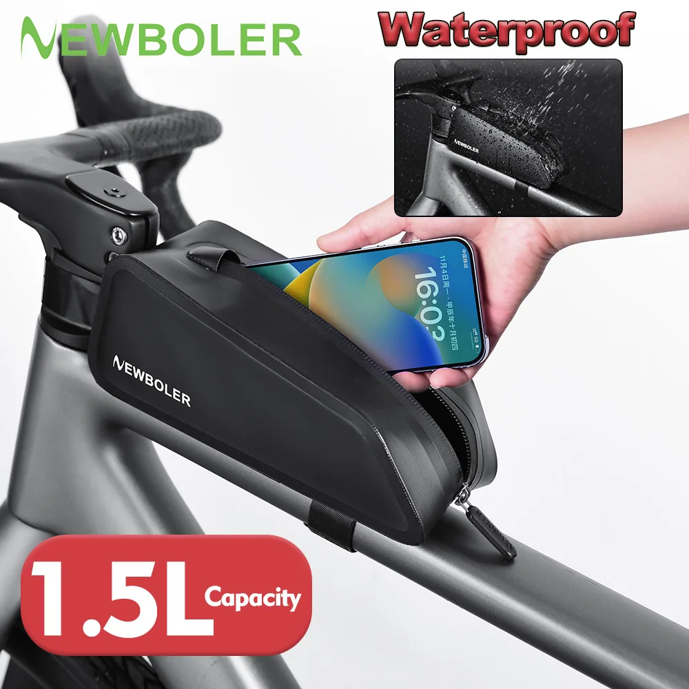 NEWBOLER Sac de vélo 1,5L Sac de cadre portable pour tube avant Sac de vélo de route VTT Sac de selle de grande capacité Sac de vélo EVA