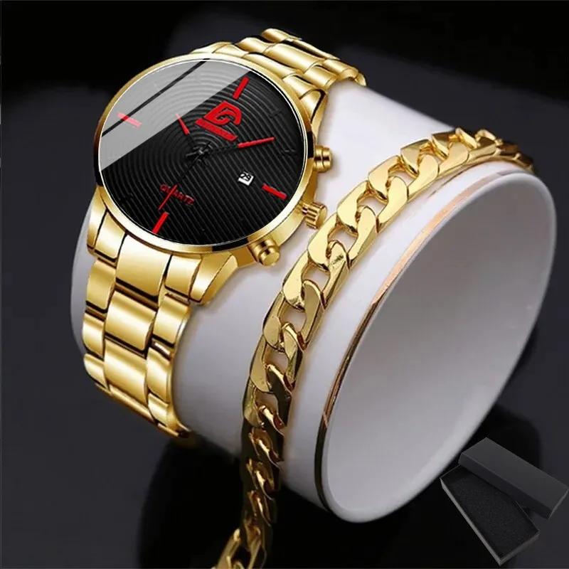 

2pcs/set, Men's Business Stainless Steel Calendar Quartz Wristwatch & Bracelet,Valentines Ramadan Gift For Him