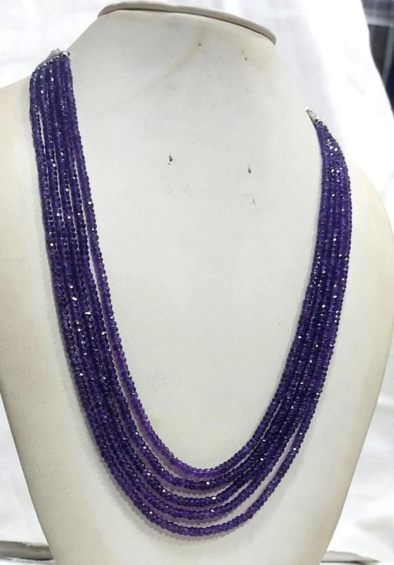 

Natural 3-4MM Amethyst 5 Strand Faceted Rondelle Gemstone Beaded Necklaces 18''