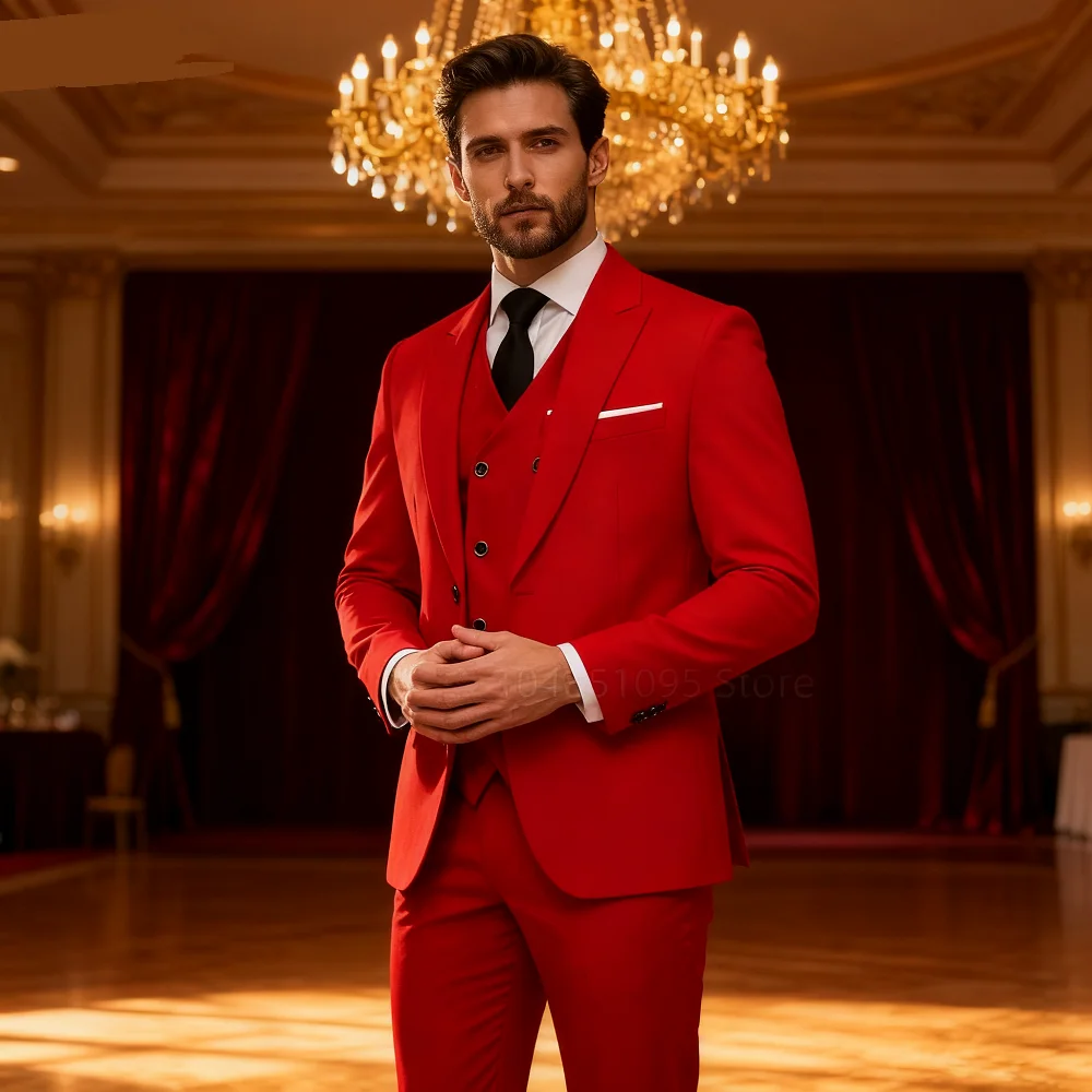 

Элегантный бордовый мужской костюм из трех предметов, полный комплект, однобортный пиджак с остроконечными лацканами, деловой костюм для выпускного вечера с жилетом и брюками