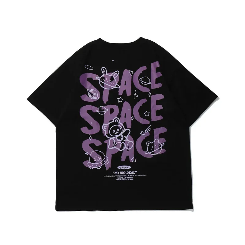 Women T-Shirt Bear Graffiti Harajuku Short Sleeved Space Print Oversized T-shirt Loose Retro Style Couple Shirt Y2k Tops