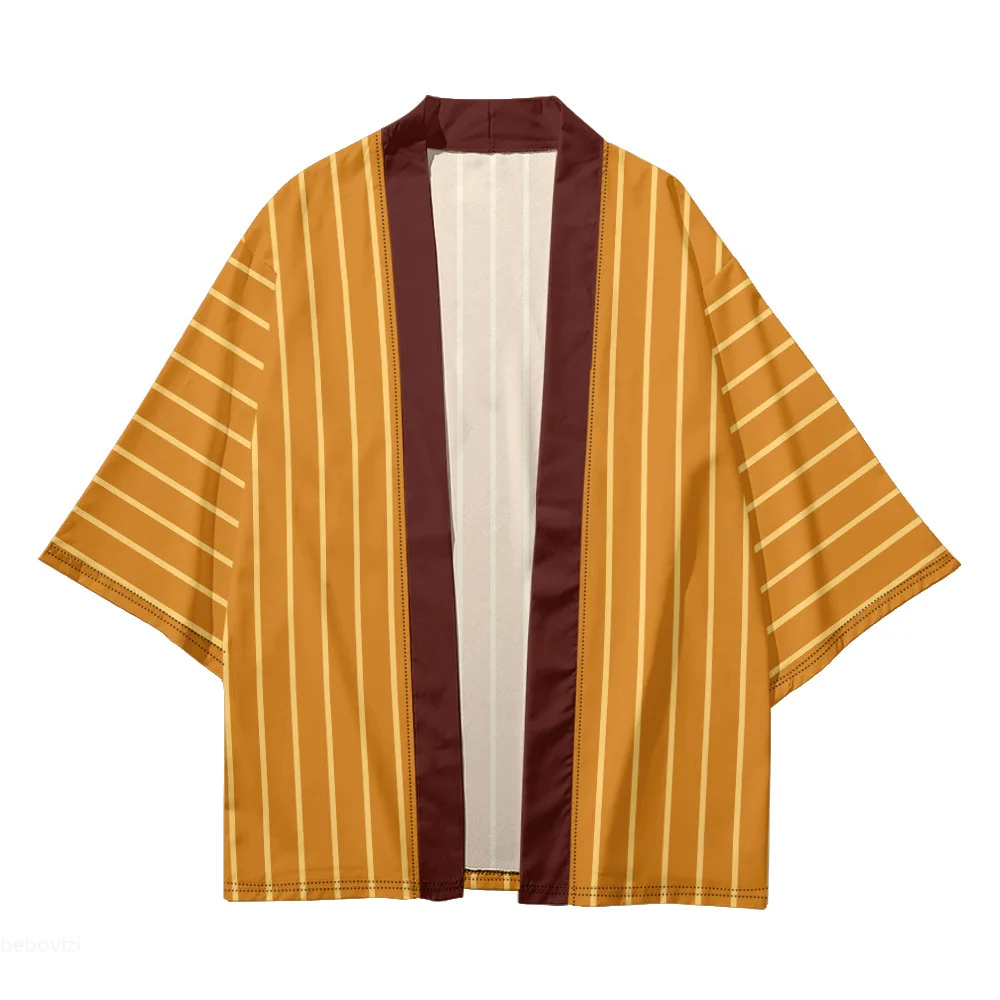 البرتقال شريط طباعة تأثيري Haori 2025 النساء الرجال سترة الشاطئ يوكاتا ثوب الكيمونو الياباني بلايز تقليدية غير رسمية
