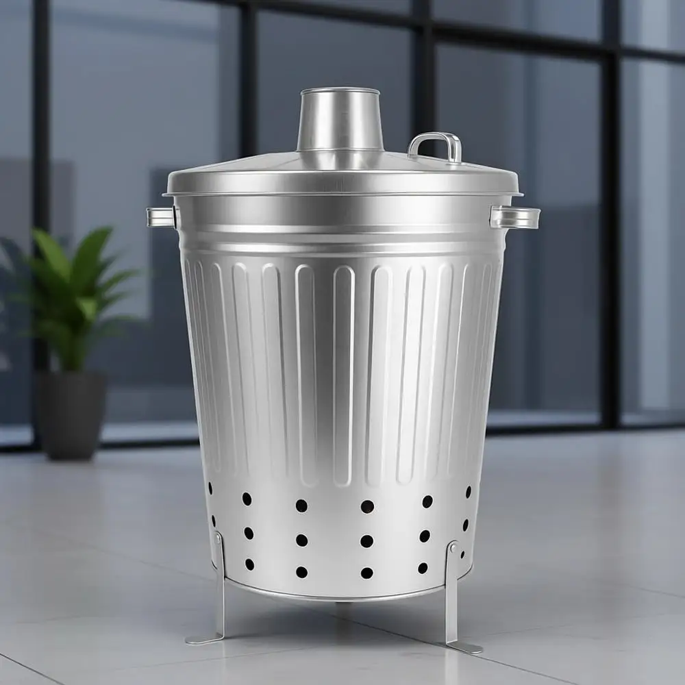 

Outdoor Galvanized Steel Incinerator for Large Garden Waste, Leaves, Paper, and Household Debris with Lid, Ventilation, and Rais