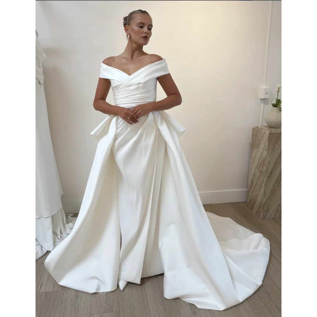 Custom Off Shoulder Satin Wedding Dress Detachable Overskirt Ruched Bodice High Slit Back Button Bridal Gown With Long Train