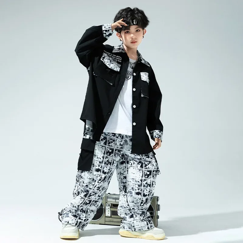 Kids Clothing Boys Hip Hop Rave Clothes Loose Patchwork Shirt Tie-dye Print Pant Set Girls Streetwear Jazz Modern Dance Costumes