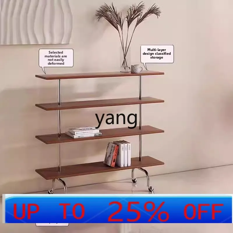 

LH retro multi-layer shelf floor rack with wheel trolley solid wood stainless steel bookshelf