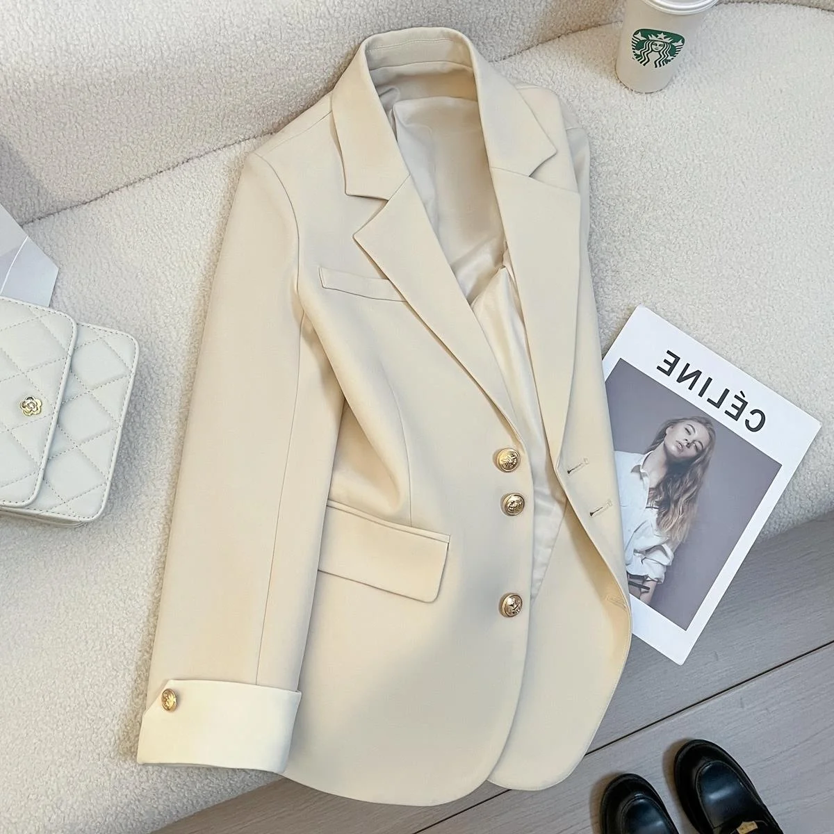 

Fashionable Cream-Colored Women's Suit Jacket Commute Design Sensation Elegant New Style Korean Version Button Detailing