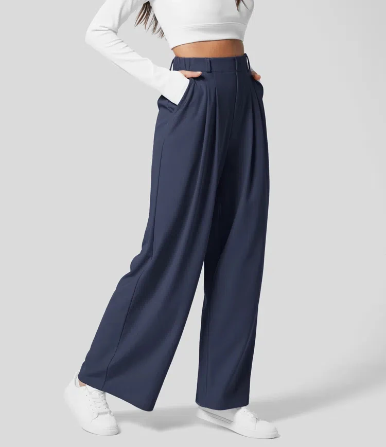 Damenhose, karierte, figurbetonte Hose mit weitem Bein und Taschen, hochtaillierte, lässige, figurbetonte Hose mit weitem Bein für Damen. – Detail 21