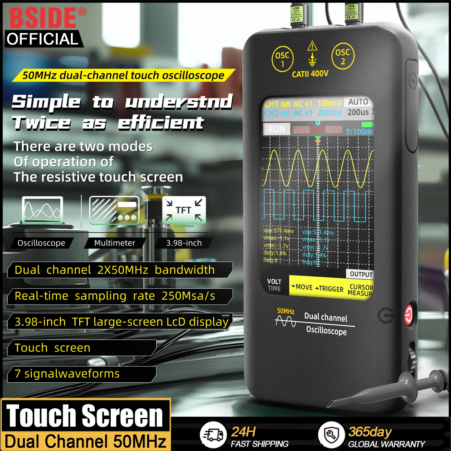 BSIDE Touch Screen Digital Oscilloscope+Signal Generator Dual Channel 50MHz Automatic Osciloscópio Tools Graphic Tester