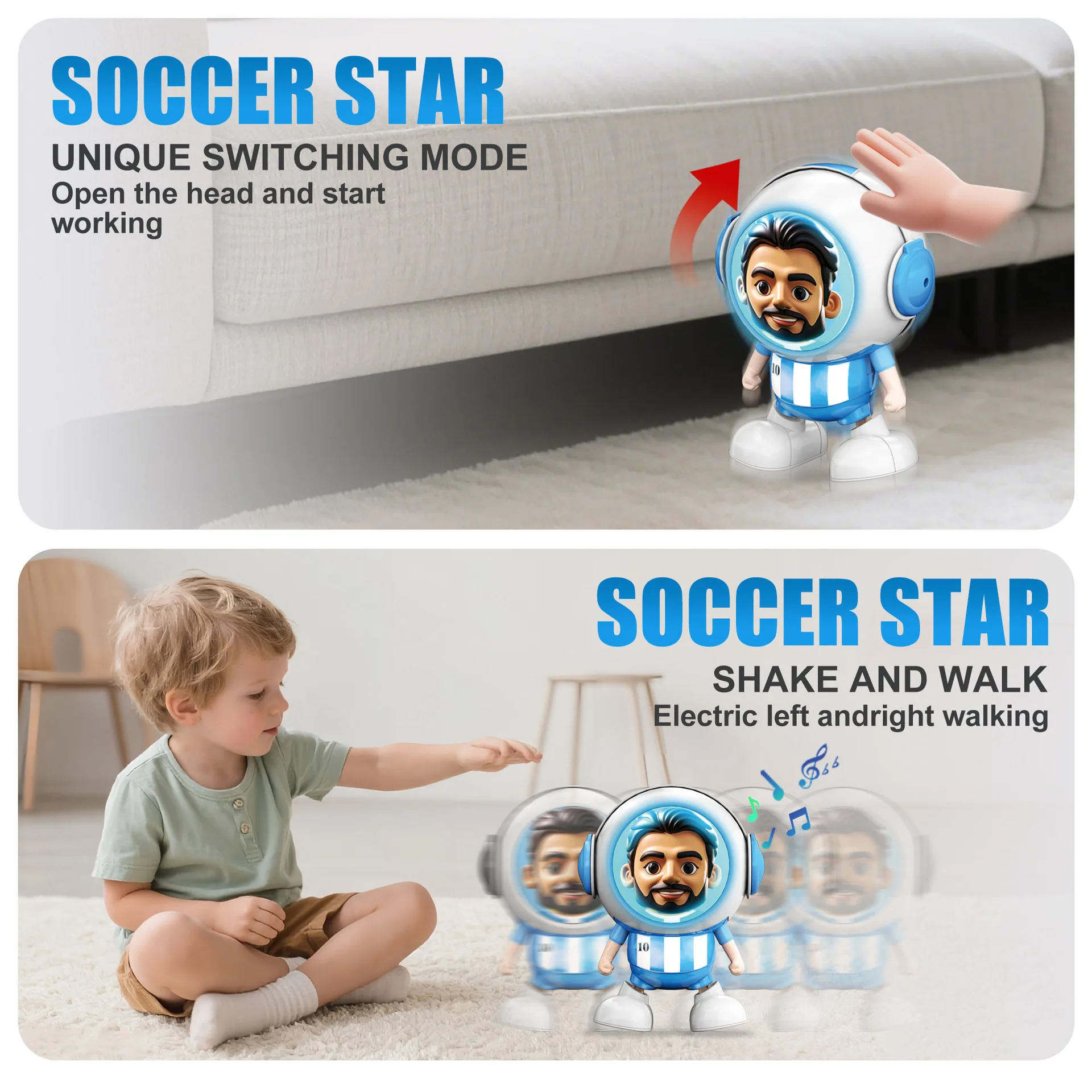 Football star electric dancing figurine with sound and light music, dancing and swaying, robot electric toy baby gift