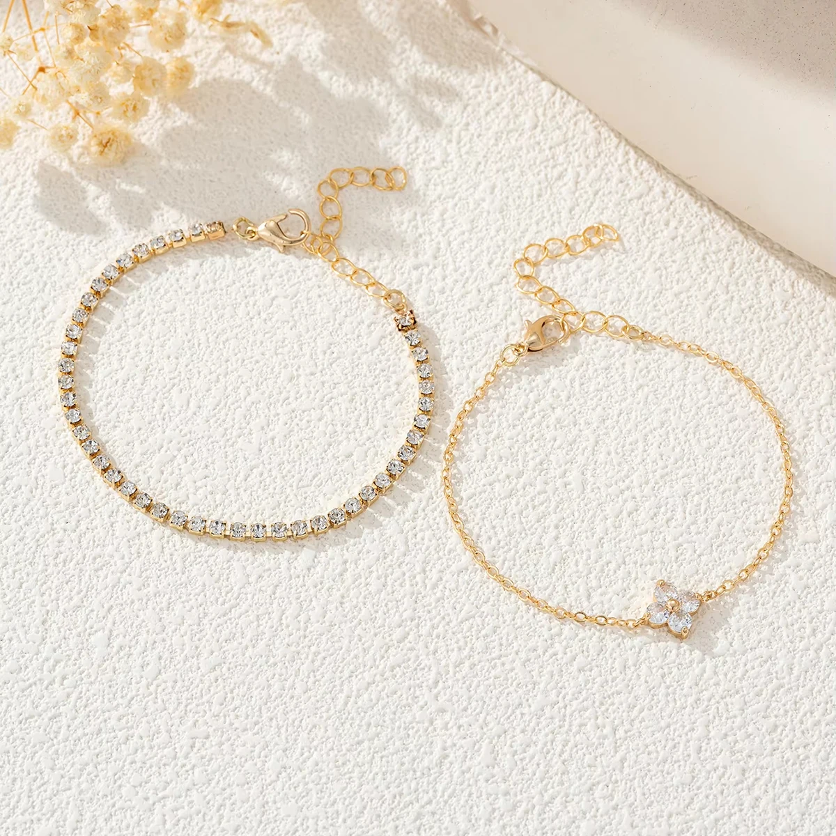 2pcs Simple Cubic Zirconia Flower Water Chain Women's Bracelet Set Daily Minimalist Silver Color Bracelet Party Fashion Jewelry image 5