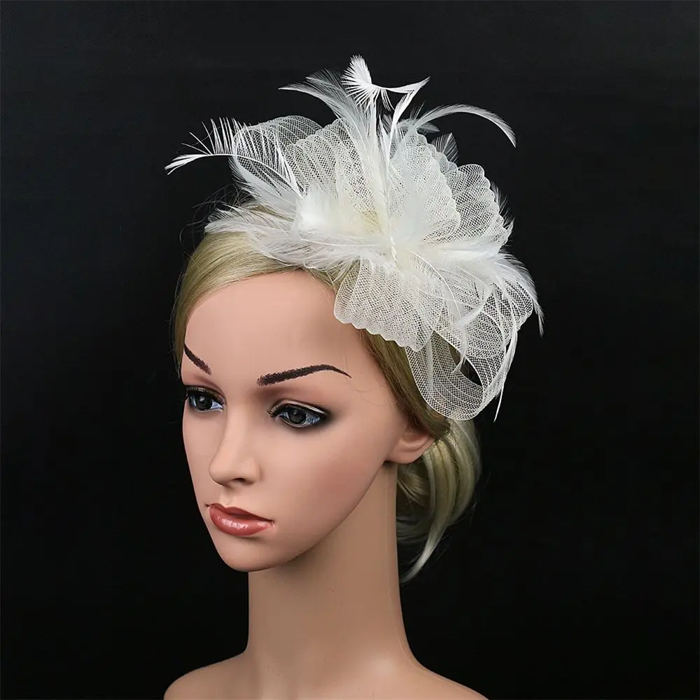 British Retro Women Feather Fascinator Headband Large Floral Hair Clip Cocktail Wedding Party Bridal Hat Decor Ladies Headwear