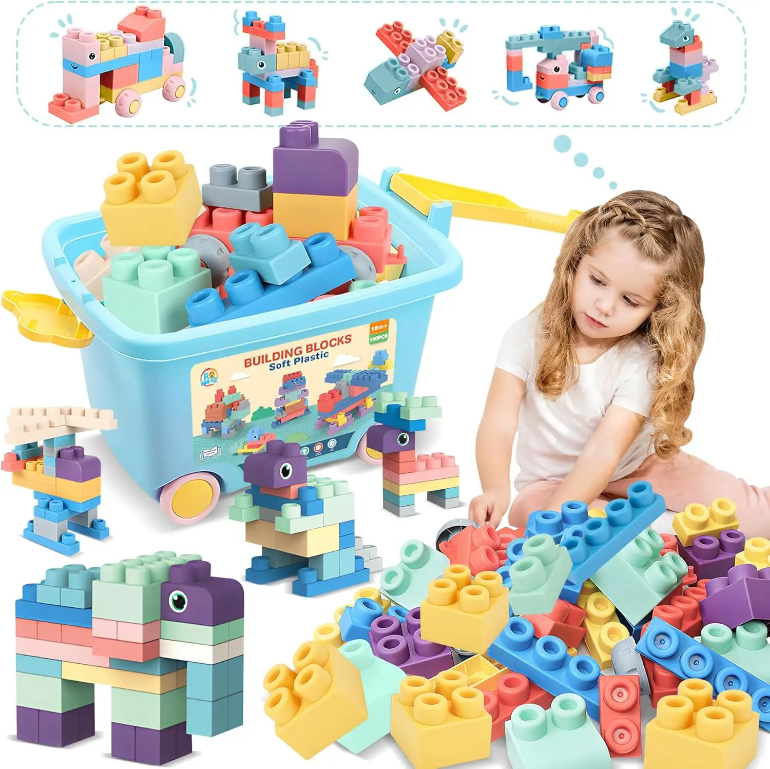 

100PCS Soft Building Blocks Set with Car Storage, STEM Educational Toys for Toddlers to Boost Creativity