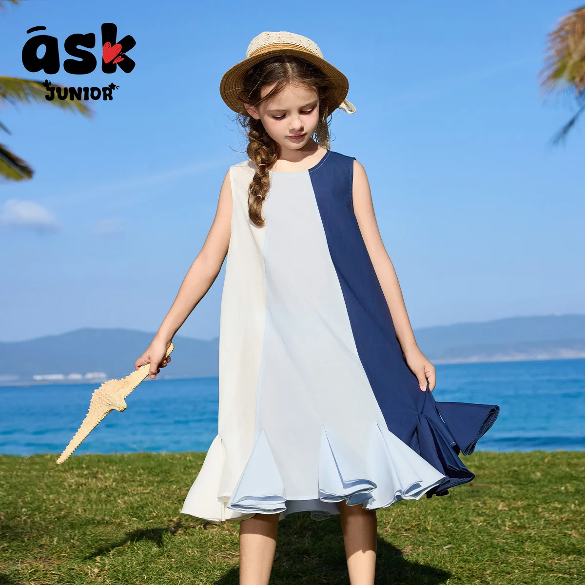 فستان بناتي صيفي متباين الألوان بدون أكمام على شكل ذيل السمكة #3