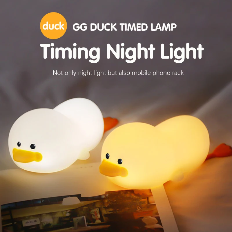 Duck Silicone Night Light for Children with Timer Usb Rechargeable Dimming Touch Lamp Sleep Bedroom Cartoon Animal Decor Gift