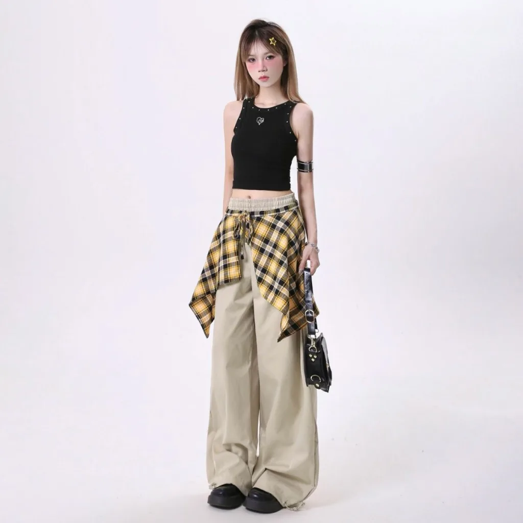 Y2k Clothing Casual Pants  Streetwear Women Autumn American High Street Vintage Plaid Skirt Hem Design Loose Straight Pants New