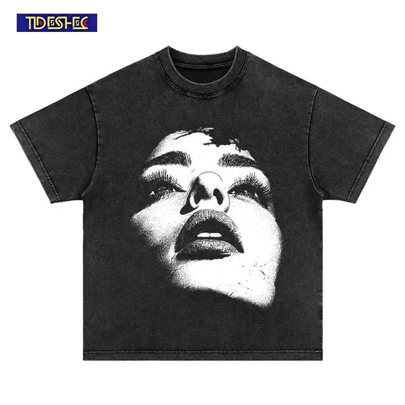 

Summer Harajuku Hip Hop Streetwear Abstract Face Pattern Print Washed T-Shirt Vintage Trend Fashion Oversized Cotton Tshirt Tops
